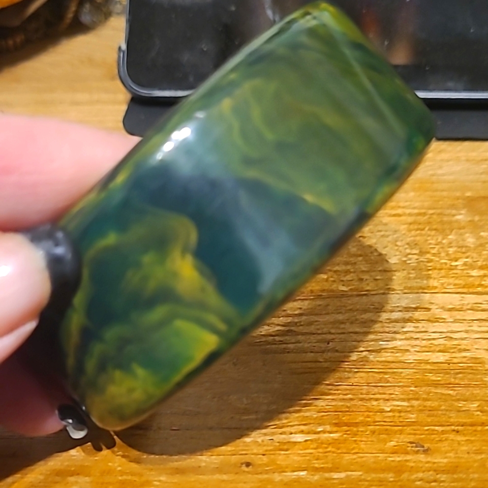 Beautiful Wide Bakelite Bangle Green Yellow Marble